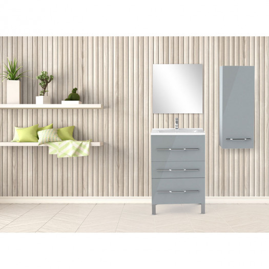 Ensemble meuble sous vasque 3 tiroirs 60 cm Gris clair + colonne + miroir - LANA