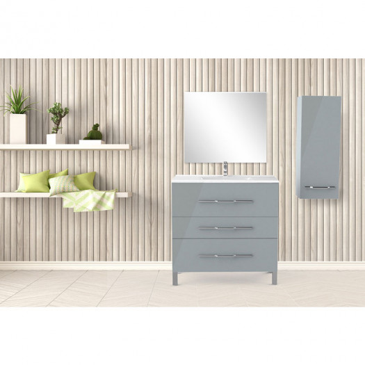 Ensemble meuble sous vasque 3 tiroirs 90 cm Gris clair + colonne + miroir - LANA