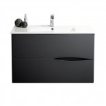 Ensemble meuble sous vasque suspendu 2 tiroirs 70 cm Noir + Colonne + Miroir - BIDO