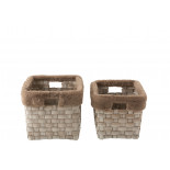 Set De 2 Panier Rectangulaire + Imitation Fourrure Rotin Plat Marron