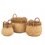 Set Of 3 Baskets+Handle Ball Bamboo+Rope Natural Small