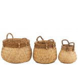 Set Of 3 Baskets+Handle Ball Bamboo+Rope Natural Small