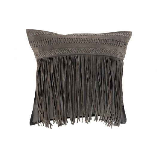 Coussin Franges Carre Cuir Gris