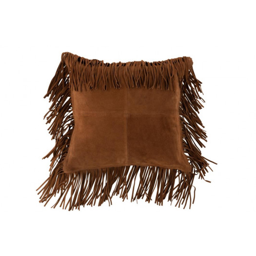 Coussin Franges Carre Cuir Cognac