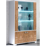 Vitrine 2 portes Laqué Blanc Brillant/Bois à LED - AVELLINO