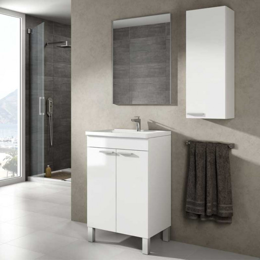 Meuble sous vasque 2 portes battantes + vasque 50 cm + miroir + colonne Blanc brillant - CEPKON