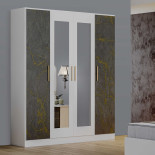 Armoire 4 portes battantes Blanc/Marbre gris brillant - MARGUERITE