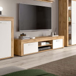 Meuble TV 2 portes 2 niches Blanc/Bois - MAJ