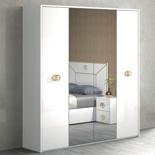 Armoire 4 portes battantes Blanc brillant/Or - GOVE