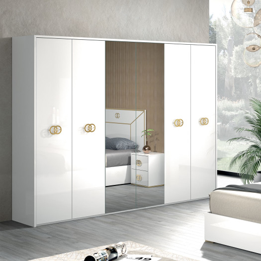 Armoire 6 portes battantes Blanc brillant/Or - GOVE