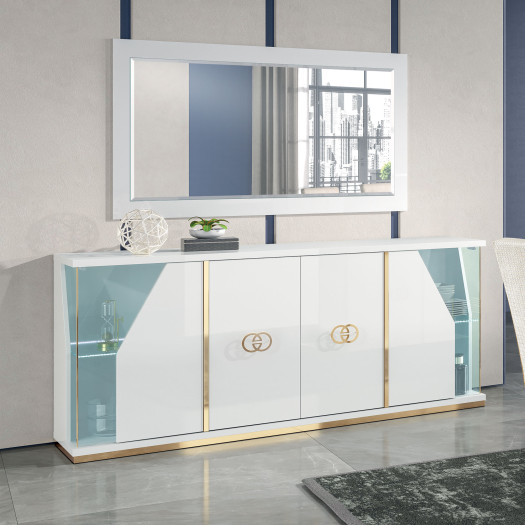 Buffet 4 portes + miroir Blanc brillant/Or à LED - GOVE