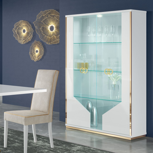 Vitrine 2 portes Blanc brillant/Or à LED - GOVE